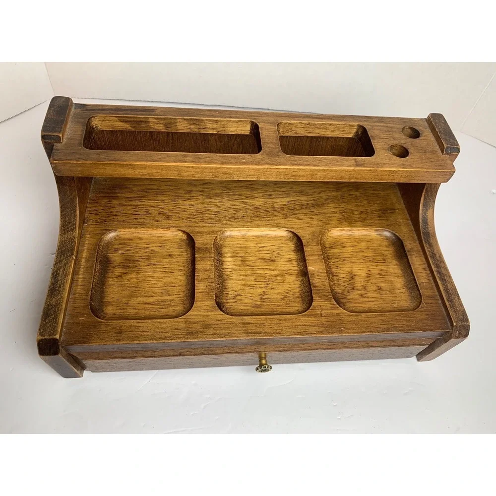 Vintage Wood Desk Organizer Valet Tray Red Felt Lined Jewelry Drawer Brown